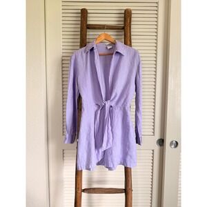 8 by YOOX Linen Mini Dress Size 8 Purple Tie Front Long Sleeve Shirt Dress